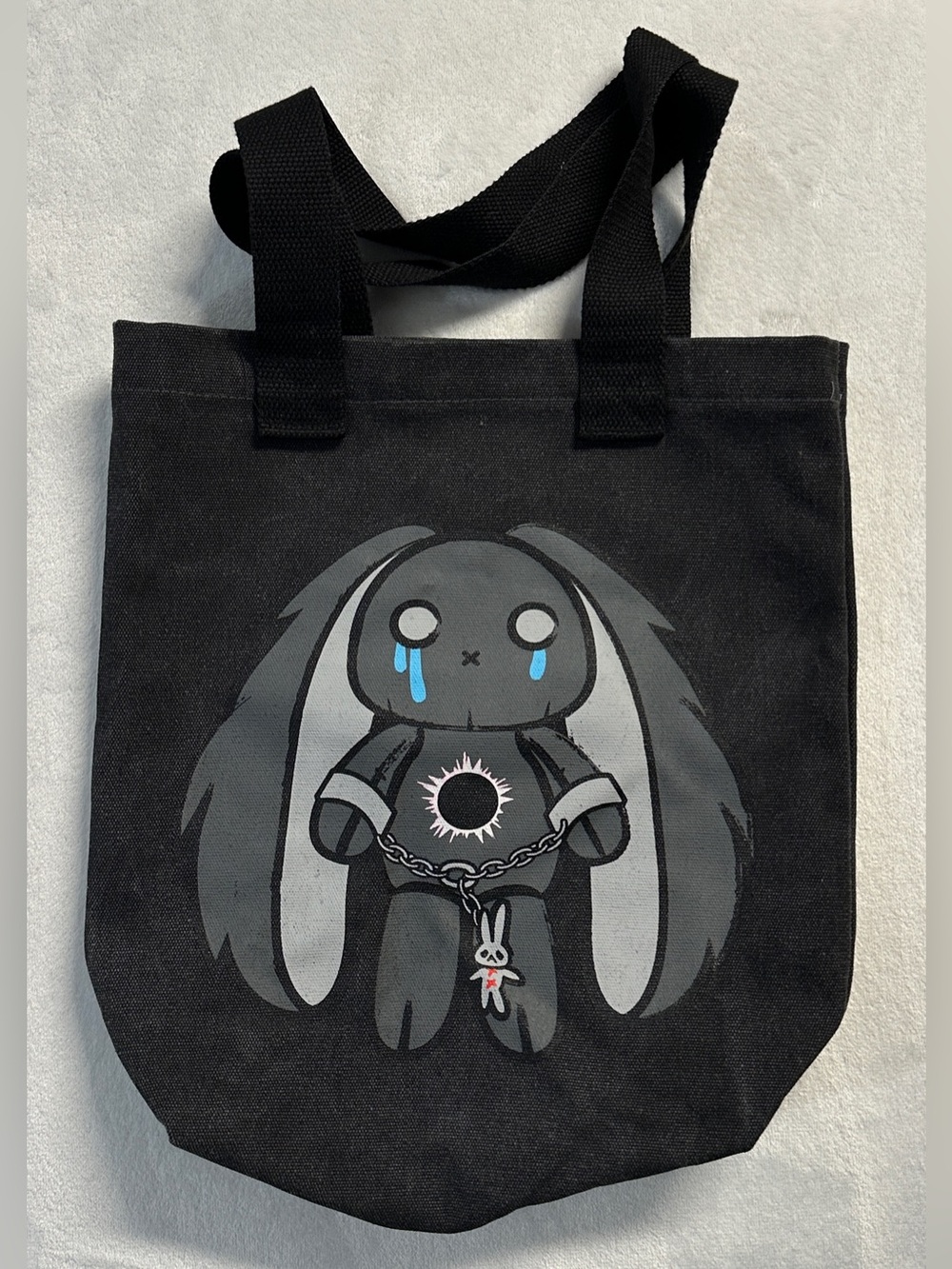 PLUSHIE DREADFULS black canvas PTSD bunny x2 sided graphic tote bag